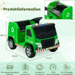 12V Kinder Aufsitz Müllwagen mit Musik & Hupen & Licht & Fernbedienung Grün