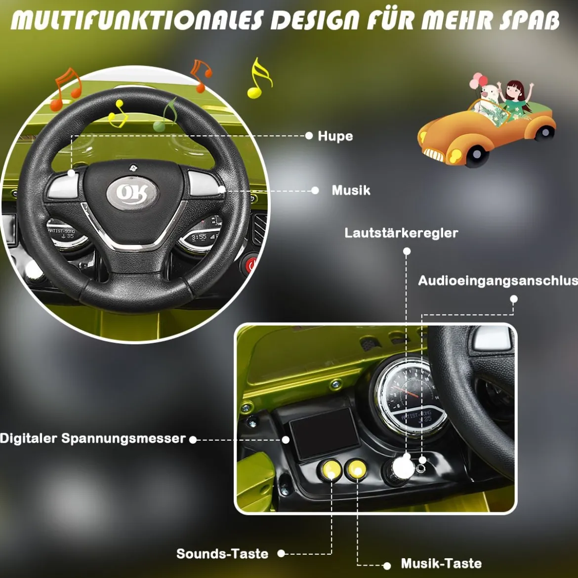12V Kinderauto Elektroauto mit Musik Batteriebetriebenes Kinderauto 109 x 61 x 63,5 cm Grün