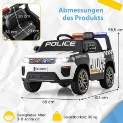 12V Kinder Elektroauto Polizei Elektrisches Kinderauto mit Fernbedienung Elektro Auto für Kinder ab 3 Jahren Weiß