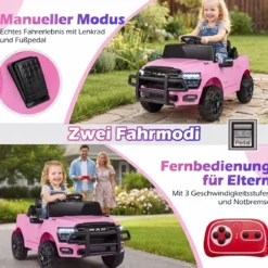 12V Kinder Elektroauto RAM 3500 mit 2 25W Motoren für Kinder ab 3 Jahren 3,1-5 km/h Rosa