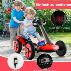 12V Kinder Elektro Gokart mit LED & 2-fach Verstellbarem Lenkrad & SitzLichter Rot