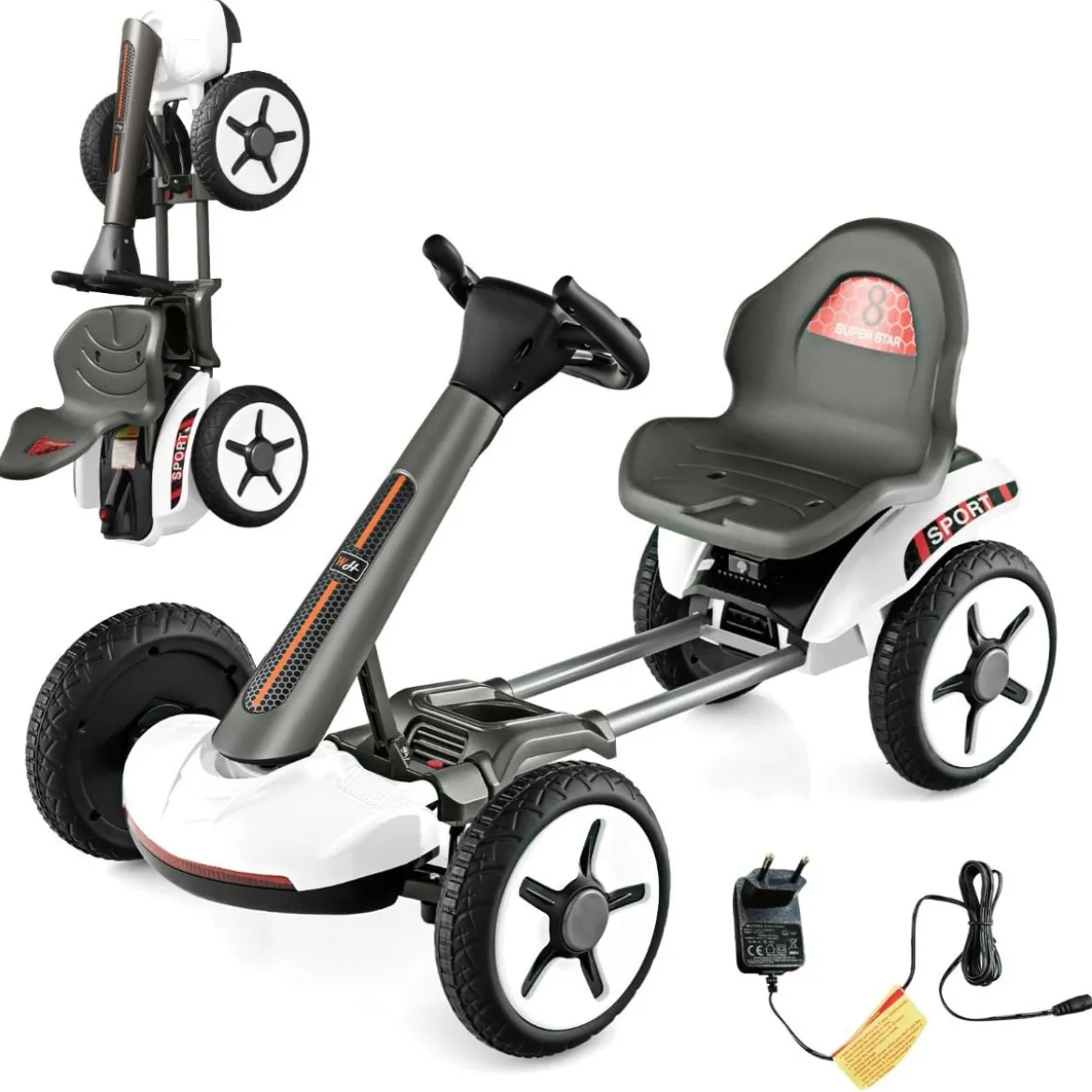 12V Kinder Elektro Gokart mit LED & 2-fach Verstellbarem Lenkrad & SitzLichter Weiß