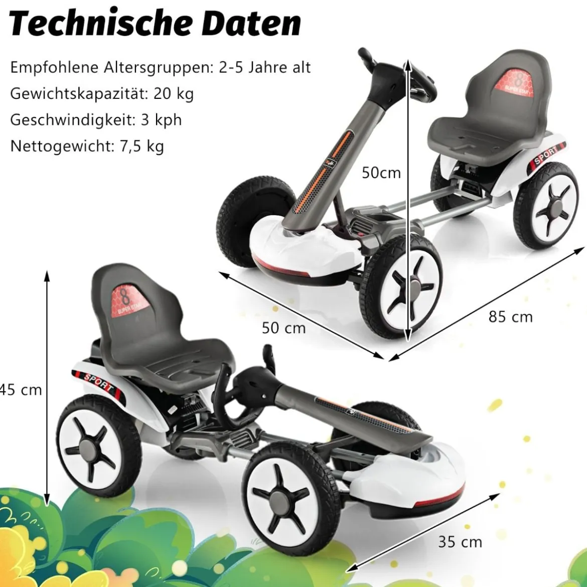 12V Kinder Elektro Gokart mit LED & 2-fach Verstellbarem Lenkrad & SitzLichter Weiß