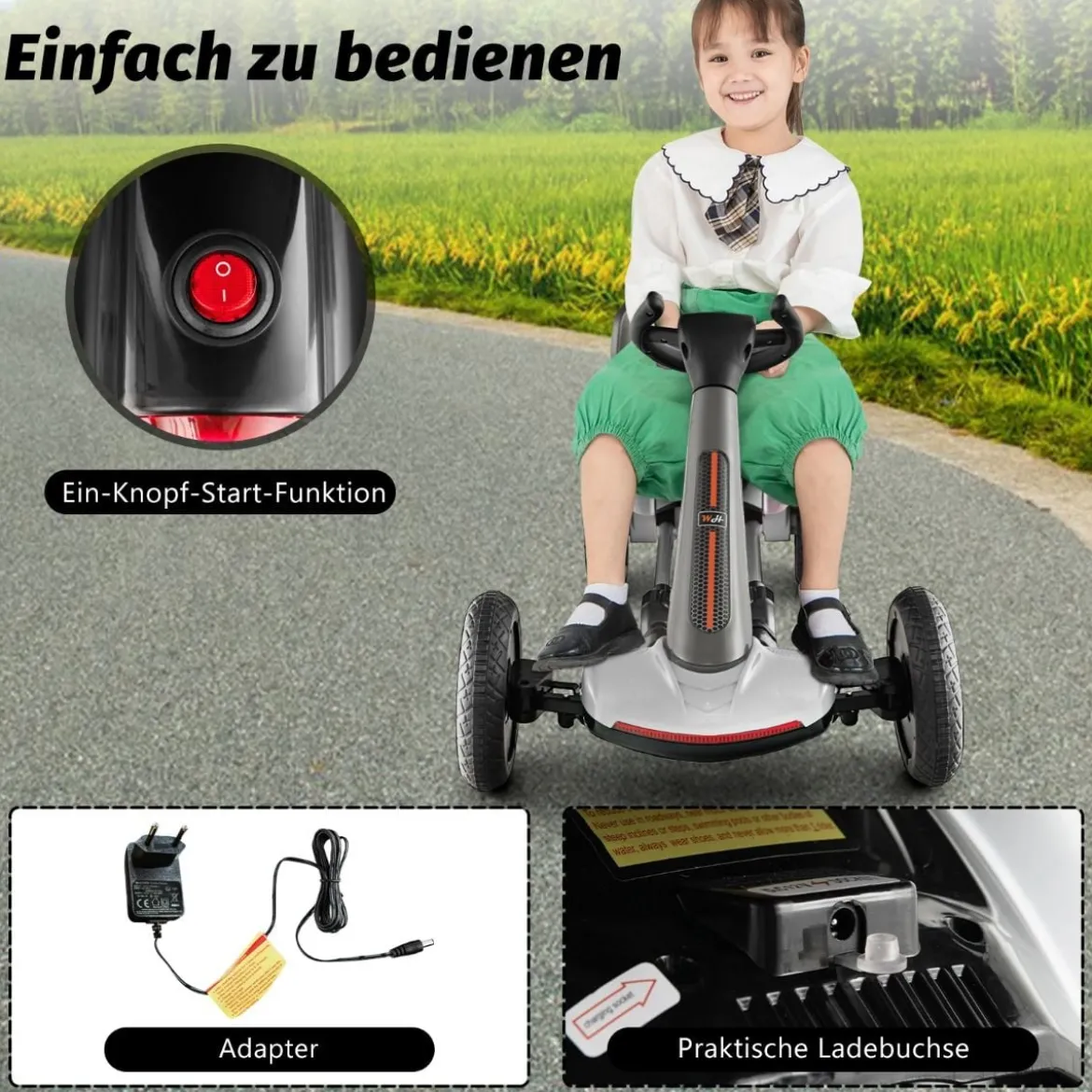 12V Kinder Elektro Gokart mit LED & 2-fach Verstellbarem Lenkrad & SitzLichter Weiß