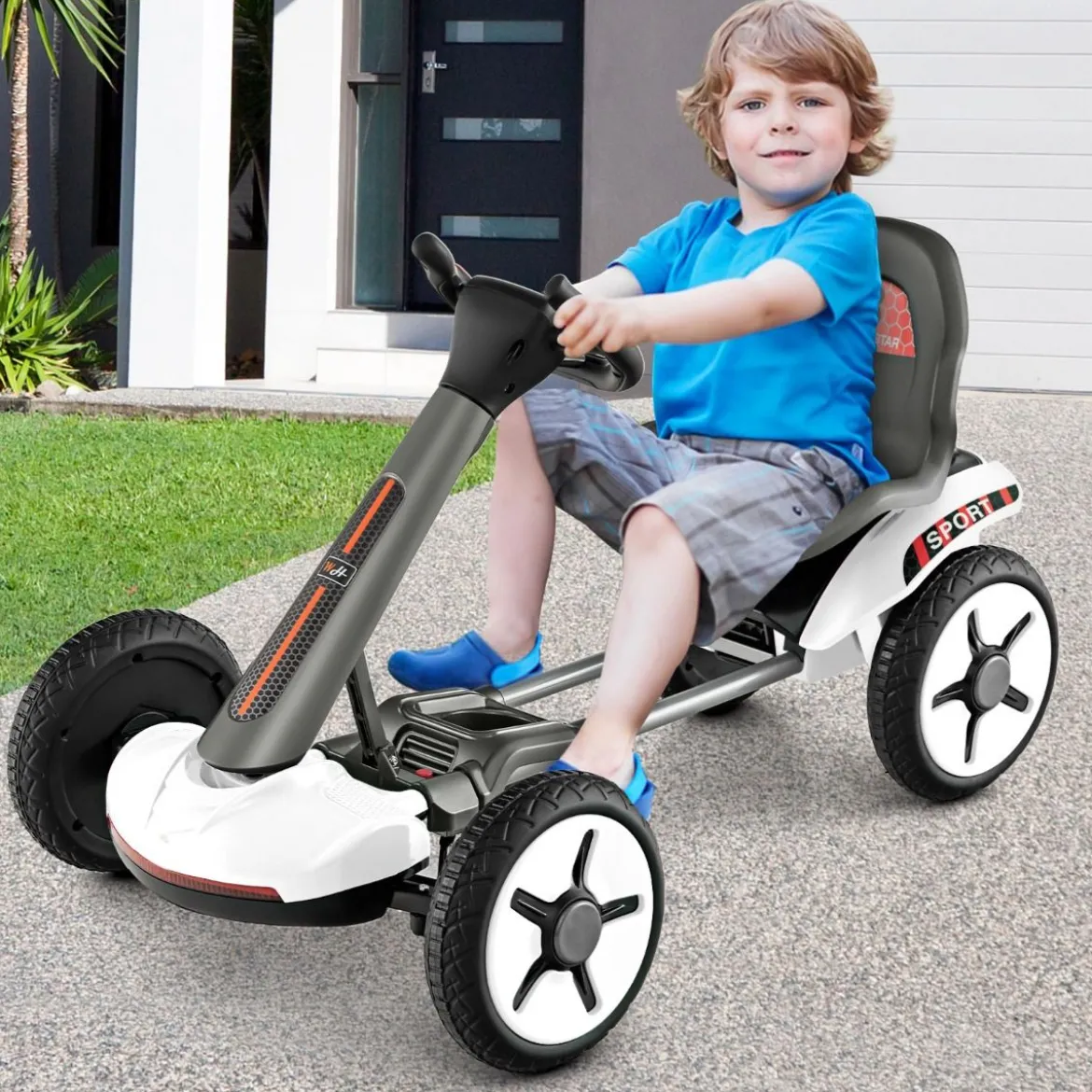 12V Kinder Elektro Gokart mit LED & 2-fach Verstellbarem Lenkrad & SitzLichter Weiß