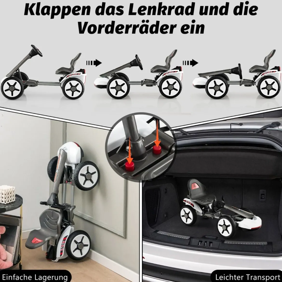 12V Kinder Elektro Gokart mit LED & 2-fach Verstellbarem Lenkrad & SitzLichter Weiß