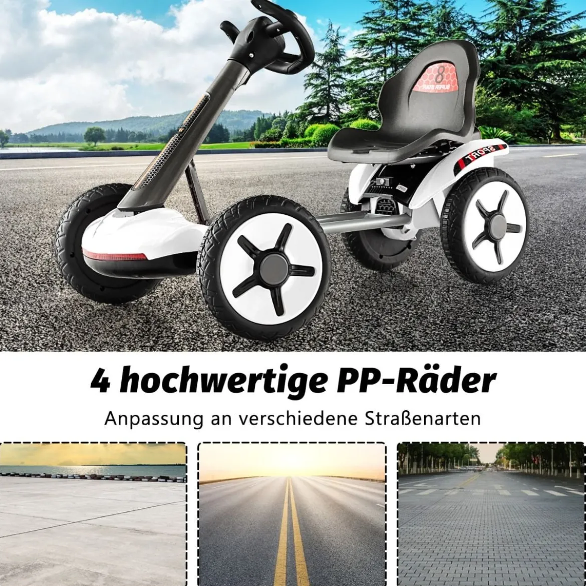 12V Kinder Elektro Gokart mit LED & 2-fach Verstellbarem Lenkrad & SitzLichter Weiß