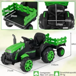 24V Kinder Elektrotraktor mit Anhänger Elektrisches Fahrzeug mit LED-Scheinwerfern Musik Grün