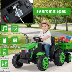 24V Kinder Elektrotraktor mit Anhänger Elektrisches Fahrzeug mit LED-Scheinwerfern Musik Grün