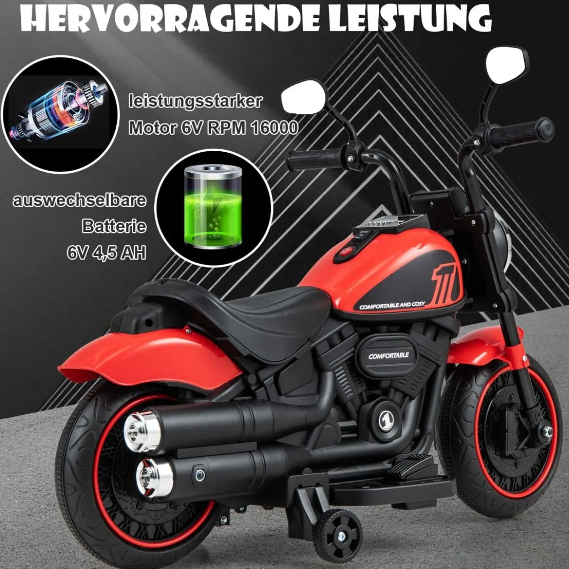 6V Kinder Motorrad mit Scheinwerfern & USB & Stützrädern Elektromotorrad Rot