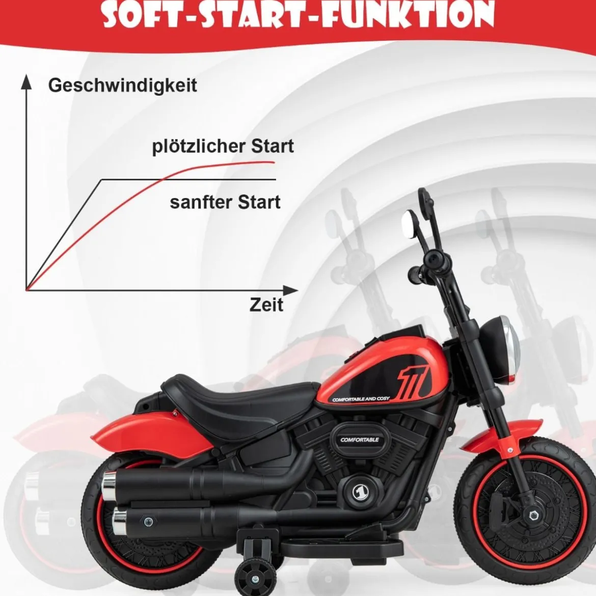6V Kinder Motorrad mit Scheinwerfern & USB & Stützrädern Elektromotorrad Rot