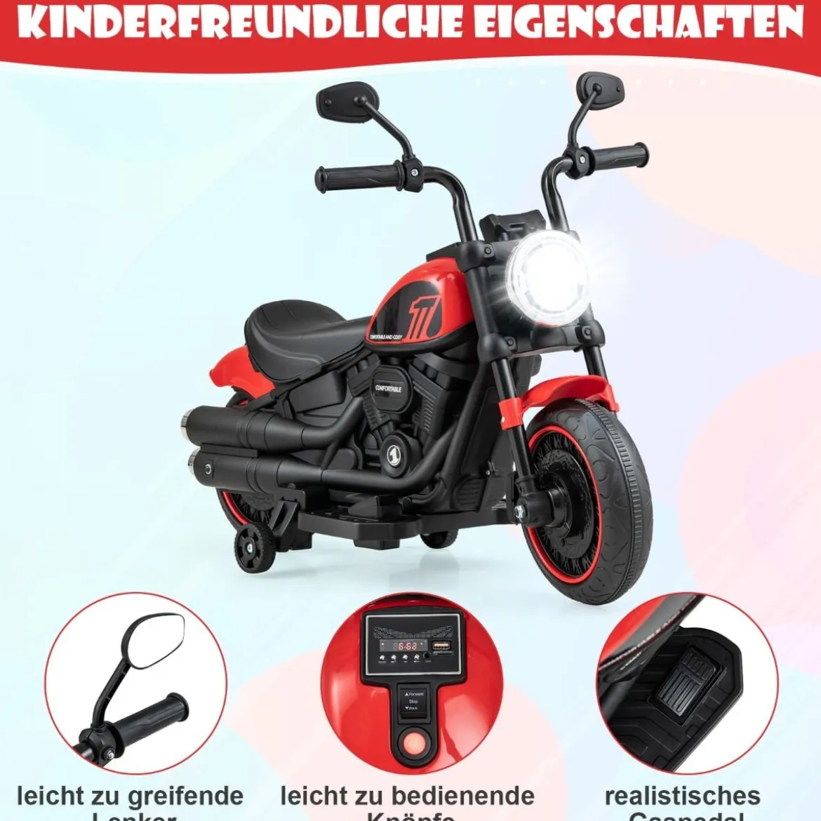 6V Kinder Motorrad mit Scheinwerfern & USB & Stützrädern Elektromotorrad Rot