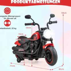 6V Kinder Motorrad mit Scheinwerfern & USB & Stützrädern Elektromotorrad Rot