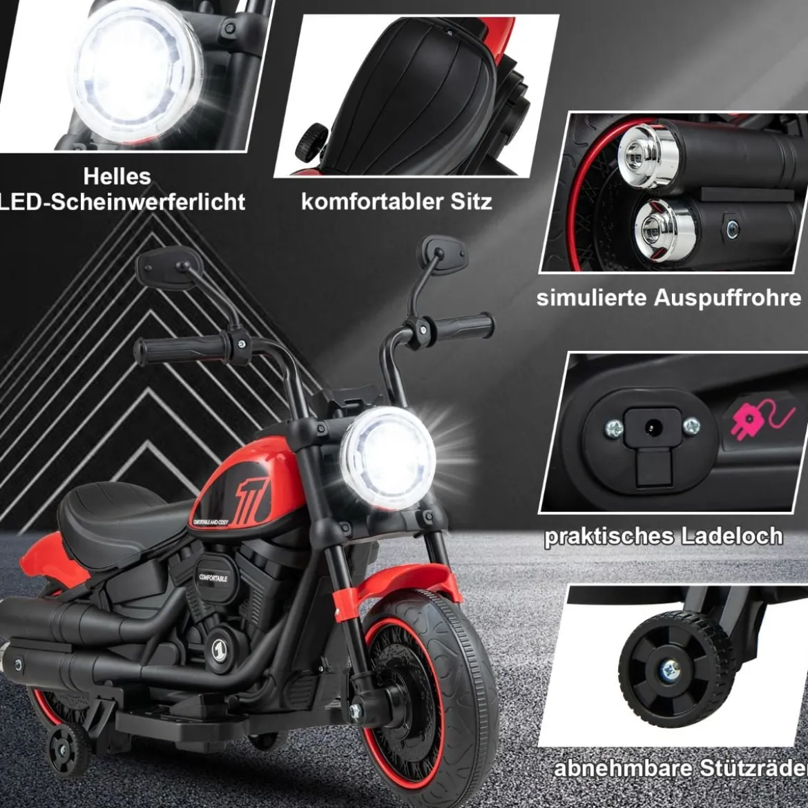 6V Kinder Motorrad mit Scheinwerfern & USB & Stützrädern Elektromotorrad Rot