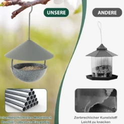 Vogelfutterhaus zum Aufhängen 2 in 1 Vogelfutterspender & Vogelbad Grau
