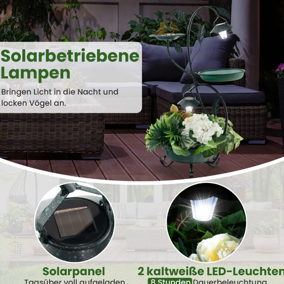 Vogeltränke mit Solarleuchte Vogelbad Futterspender Blumentopf 50 x 33 x 83 cm Bronze