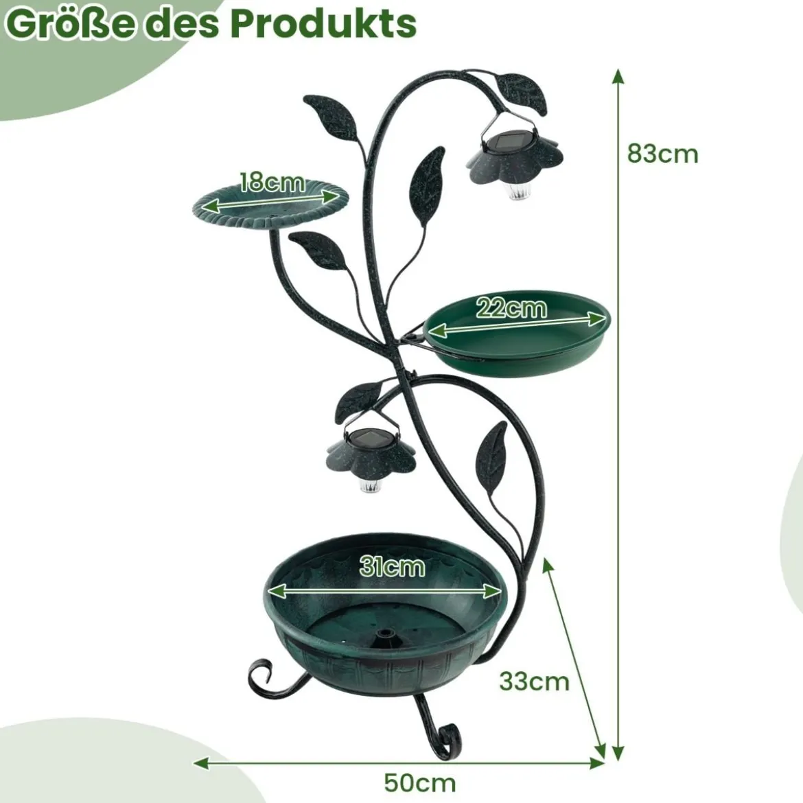 Vogeltränke mit Solarleuchte Vogelbad Futterspender Blumentopf 50 x 33 x 83 cm Bronze