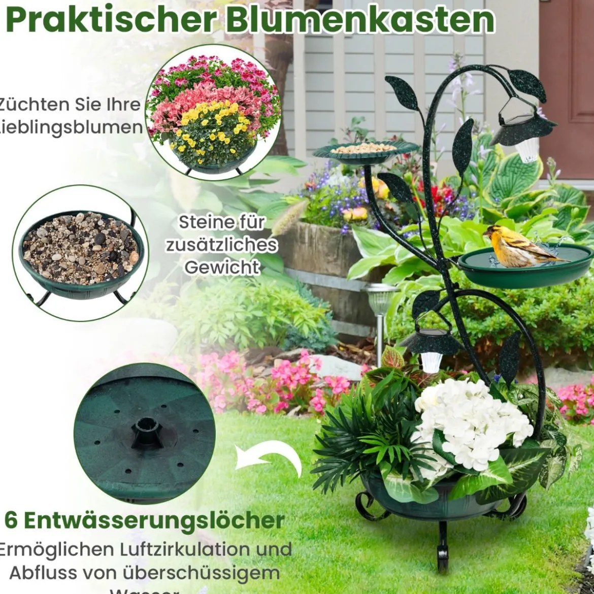 Vogeltränke mit Solarleuchte Vogelbad Futterspender Blumentopf 50 x 33 x 83 cm Bronze