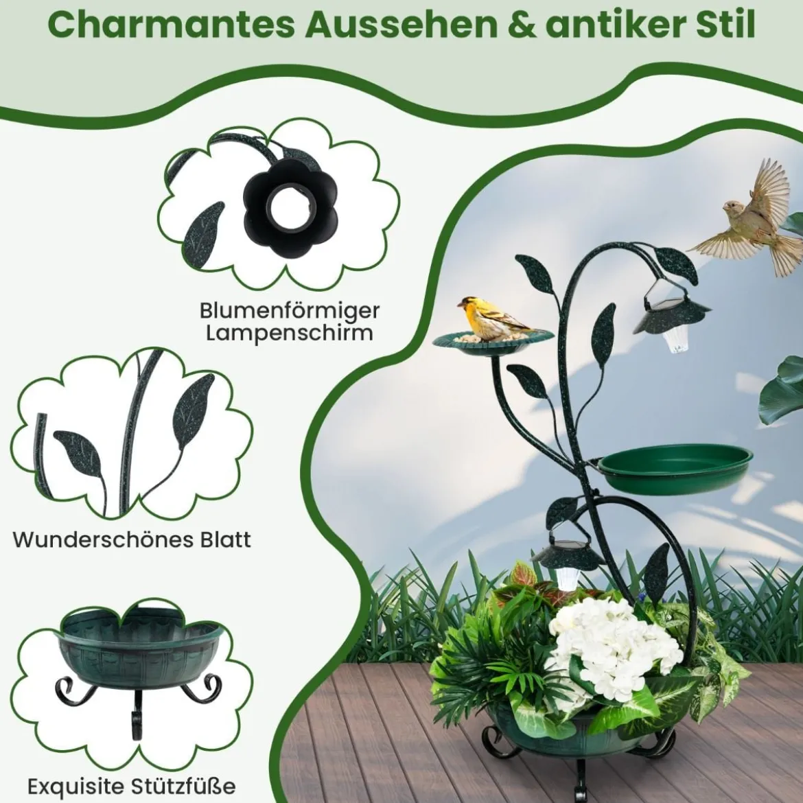 Vogeltränke mit Solarleuchte Vogelbad Futterspender Blumentopf 50 x 33 x 83 cm Bronze