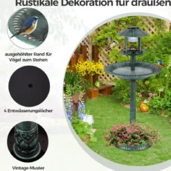 Vogeltränke mit Solarleuchte & Blumentopf Vogelfutterhaus Vogelfutterstation Futterspender Grün
