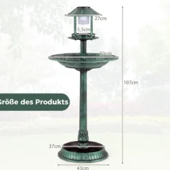 Vogeltränke mit Solarleuchte & Blumentopf Vogelfutterhaus Vogelfutterstation Futterspender Grün