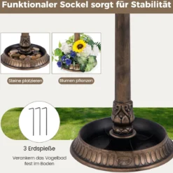 Vogeltränke mit Solarleuchte & Blumentopf Vogelfutterhaus Vogelfutterstation Futterspender Bronze