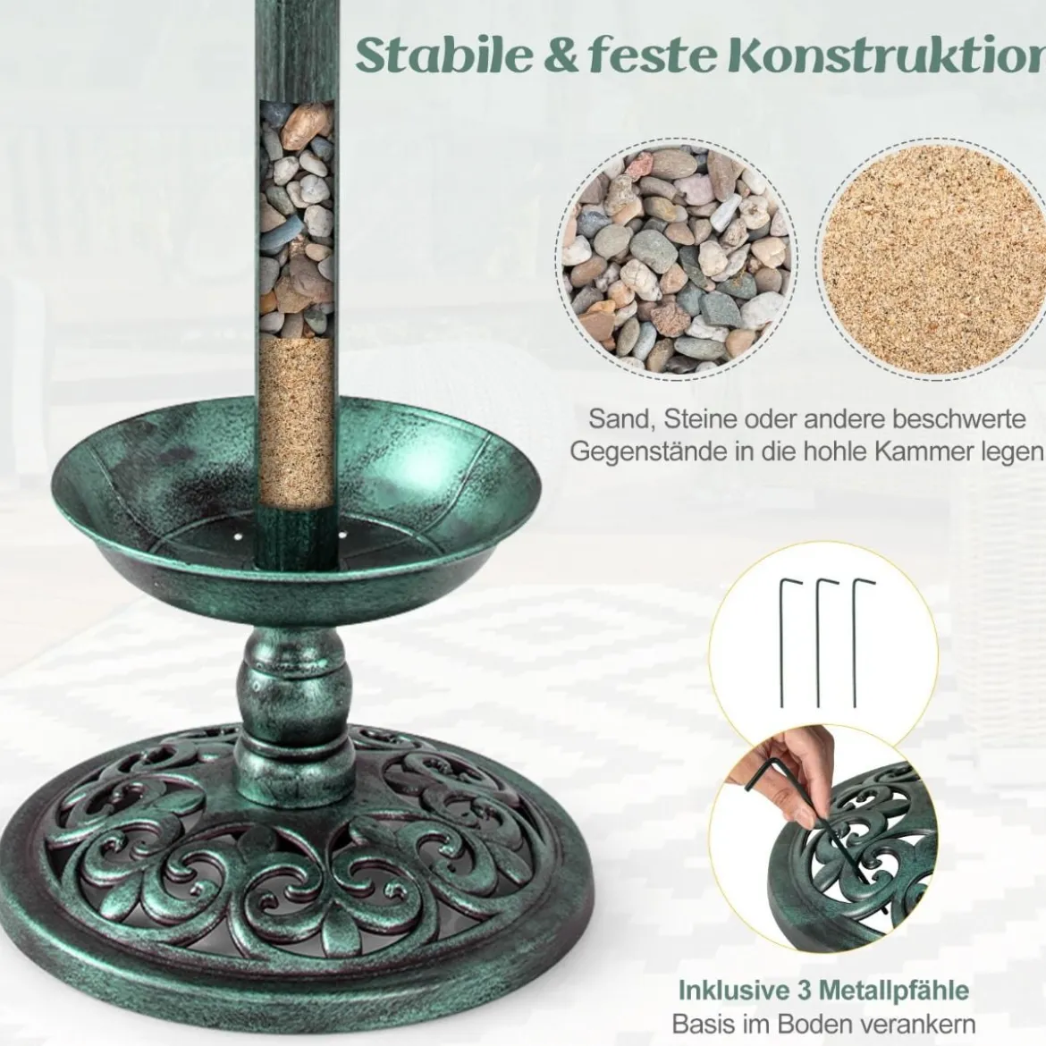 Vogeltränke mit Solarleuchte Blumentopf Vogelfutterhaus Ø43 x 110 cm Grün
