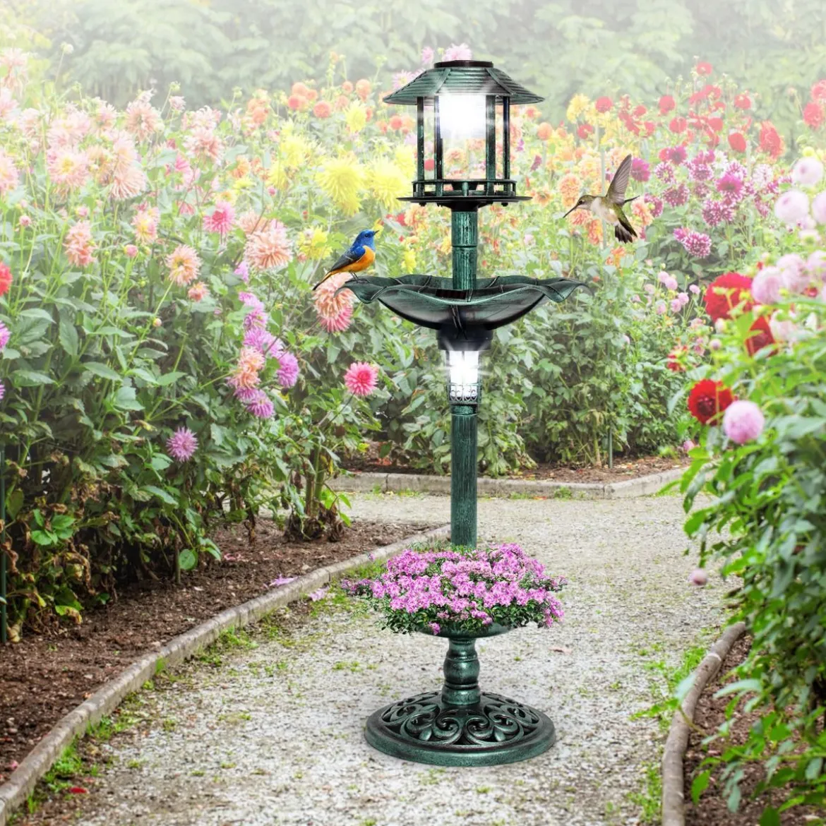 Vogeltränke mit Solarleuchte Blumentopf Vogelfutterhaus Ø43 x 110 cm Grün