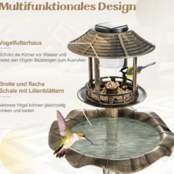Vogeltränke mit Solarleuchte Blumentopf Vogelfutterhaus Ø43 x 110 cm Bronze