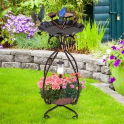 Vogeltränke mit Solarleuchte Vogelbad Futterspender Blumentopf mit dekorativen Lotus & Blättern Bronze