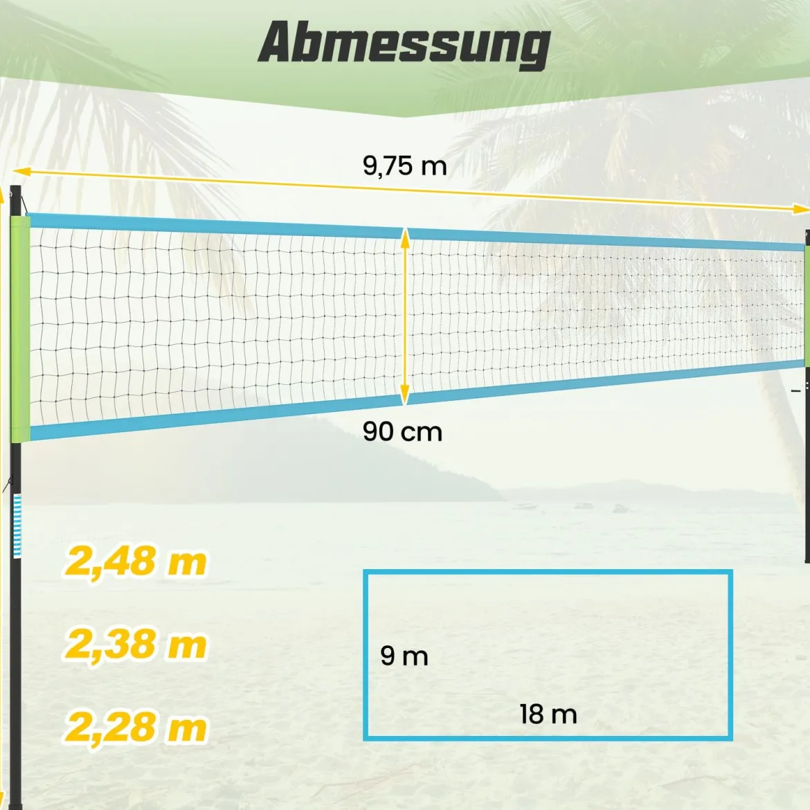 Volleyballnetz outdoor 9,5 x 1 m Pool Volleyball Netz Höhenverstellbar mit Ständer Volleyball Hinterhof Grün