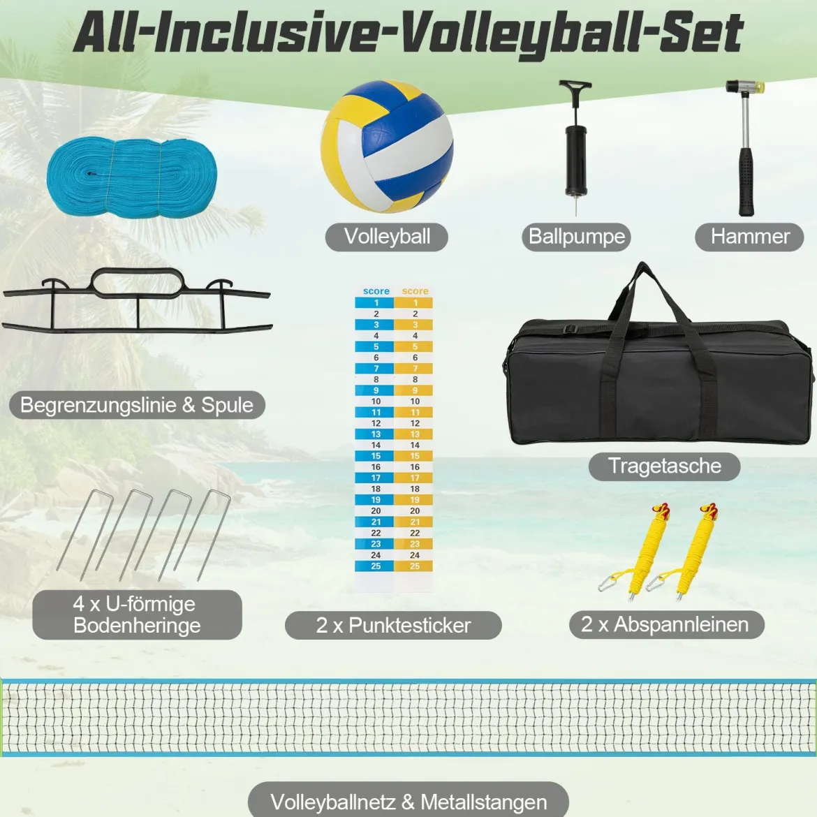 Volleyballnetz outdoor 9,5 x 1 m Pool Volleyball Netz Höhenverstellbar mit Ständer Volleyball Hinterhof Grün
