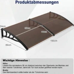 Vordach für Haustür Türvordach aus Polycarbonat mit Aluminiumstangen & PP-Halterung 197x89 cm