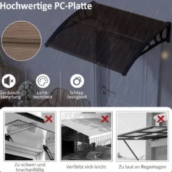 Vordach für Haustür 100 x 76 cm Transparentes Pultbogenvordach aus Polycarbonat & Aluminium Schwarz/Braun