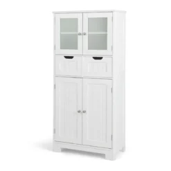 Vorratsschrank Freistehender Badezimmerschrank mit 2 Glastüren 60 x 30 x 128 cm Weiß