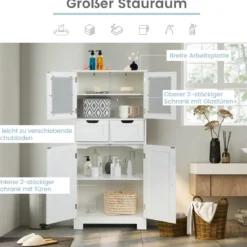 Vorratsschrank Freistehender Badezimmerschrank mit 2 Glastüren 60 x 30 x 128 cm Weiß