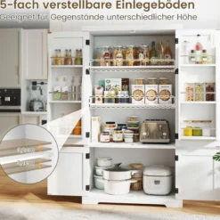 Vorratsschrank mit 4 Türen 139 cm hoher Küchenschrank mit 6 Türregalen & 5-fach verstellbaren Regalen Weiß