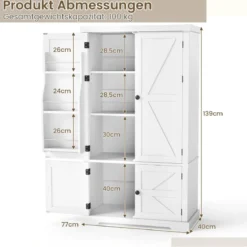 Vorratsschrank mit 4 Türen 139 cm hoher Küchenschrank mit 6 Türregalen & 5-fach verstellbaren Regalen Weiß