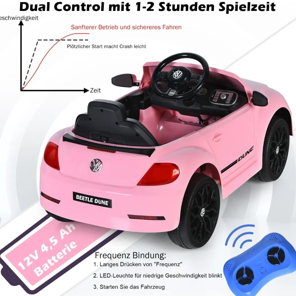 VW Beetle Kinderauto mit Musik & 2 Beleuchtungsmodi inkl. 2,4G Fernbedienung Rosa