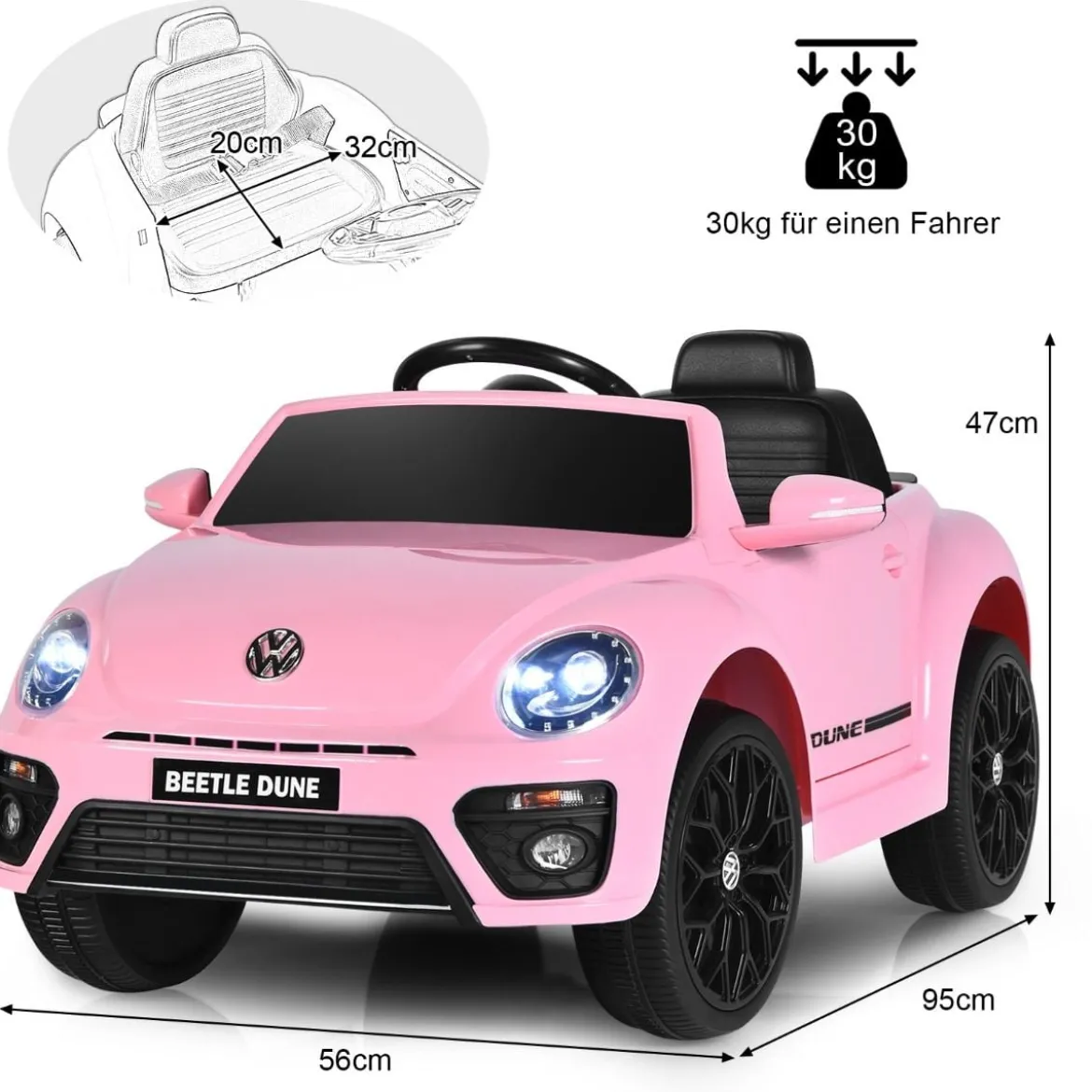 VW Beetle Kinderauto mit Musik & 2 Beleuchtungsmodi inkl. 2,4G Fernbedienung Rosa