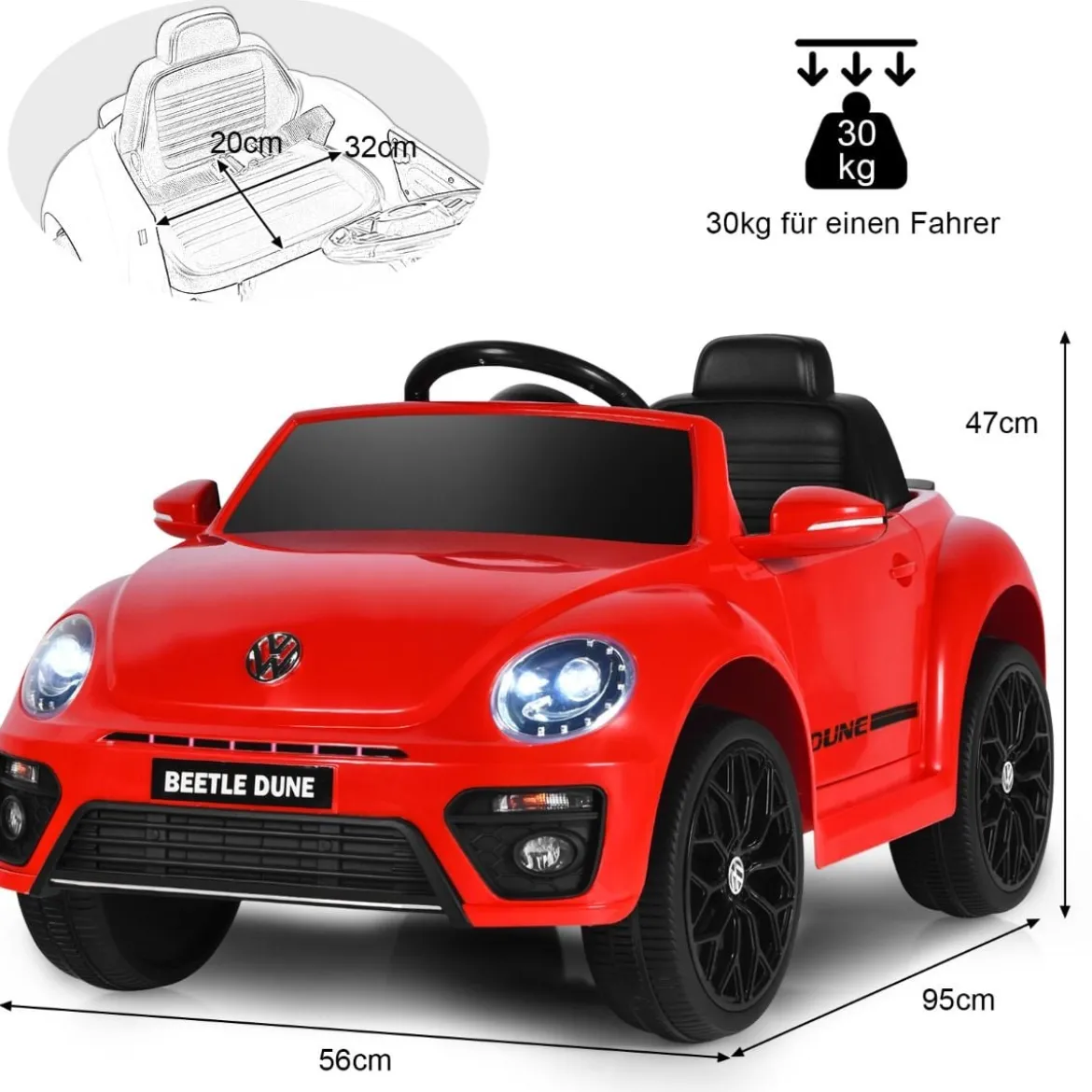 VW Beetle Kinderauto mit Musik & 2 Beleuchtungsmodi inkl. 2,4G Fernbedienung Rot