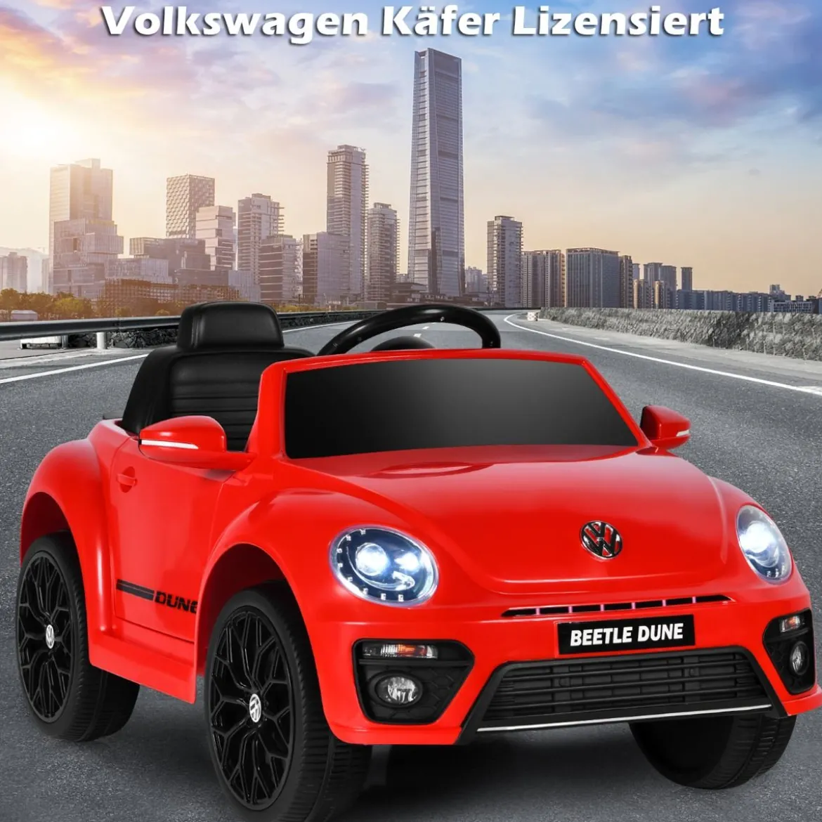 VW Beetle Kinderauto mit Musik & 2 Beleuchtungsmodi inkl. 2,4G Fernbedienung Rot