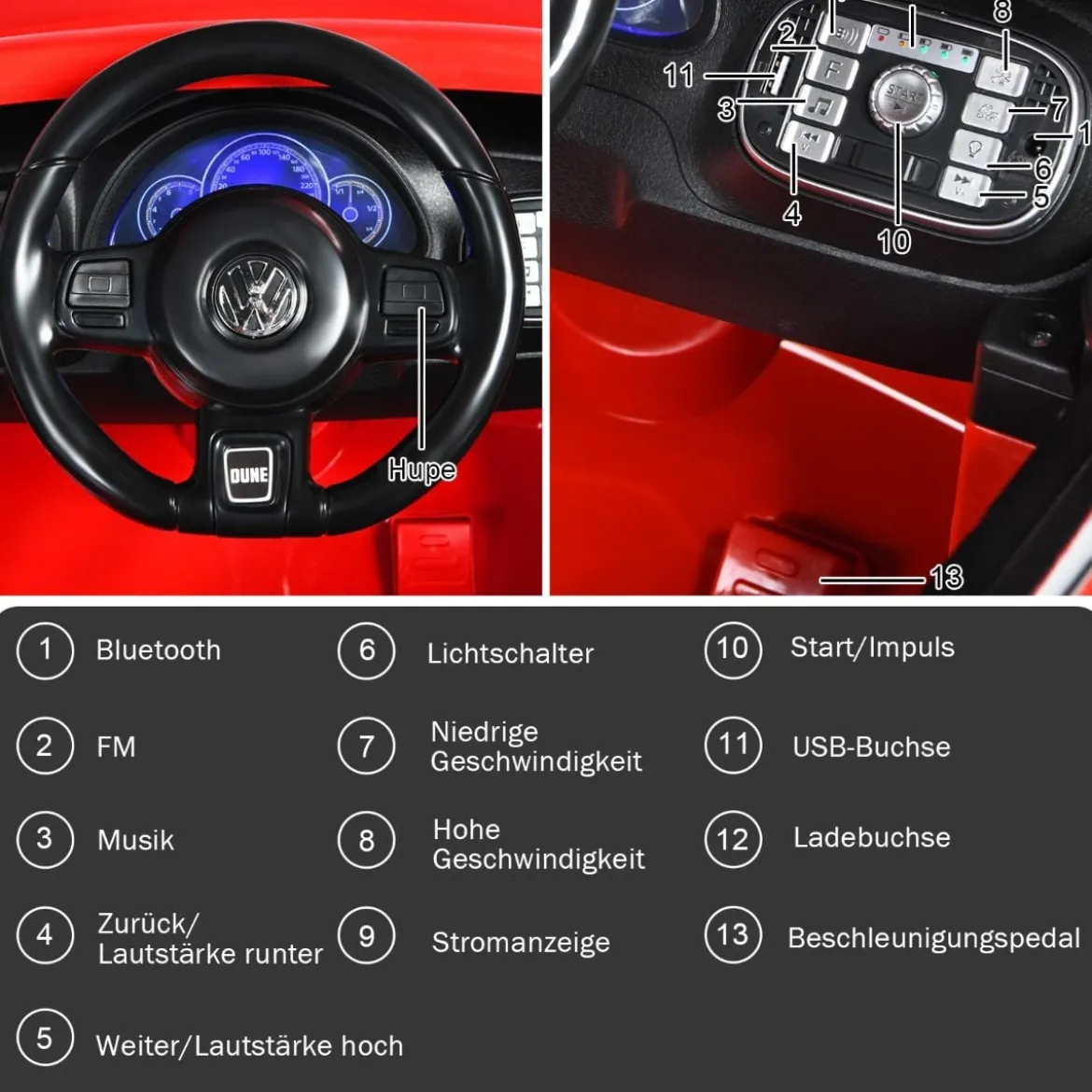 VW Beetle Kinderauto mit Musik & 2 Beleuchtungsmodi inkl. 2,4G Fernbedienung Rot