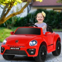 VW Beetle Kinderauto mit Musik & 2 Beleuchtungsmodi inkl. 2,4G Fernbedienung Rot