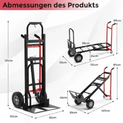 Wandelbarer Handwagen 3-in-1 Metall-Transportwagen mit 4 Gummireifen 450 KG Maximale Traglast Schwarz + Rot