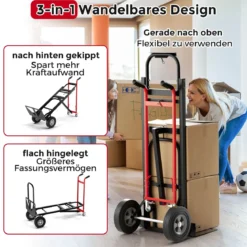 Wandelbarer Handwagen 3-in-1 Metall-Transportwagen mit 4 Gummireifen 450 KG Maximale Traglast Schwarz + Rot