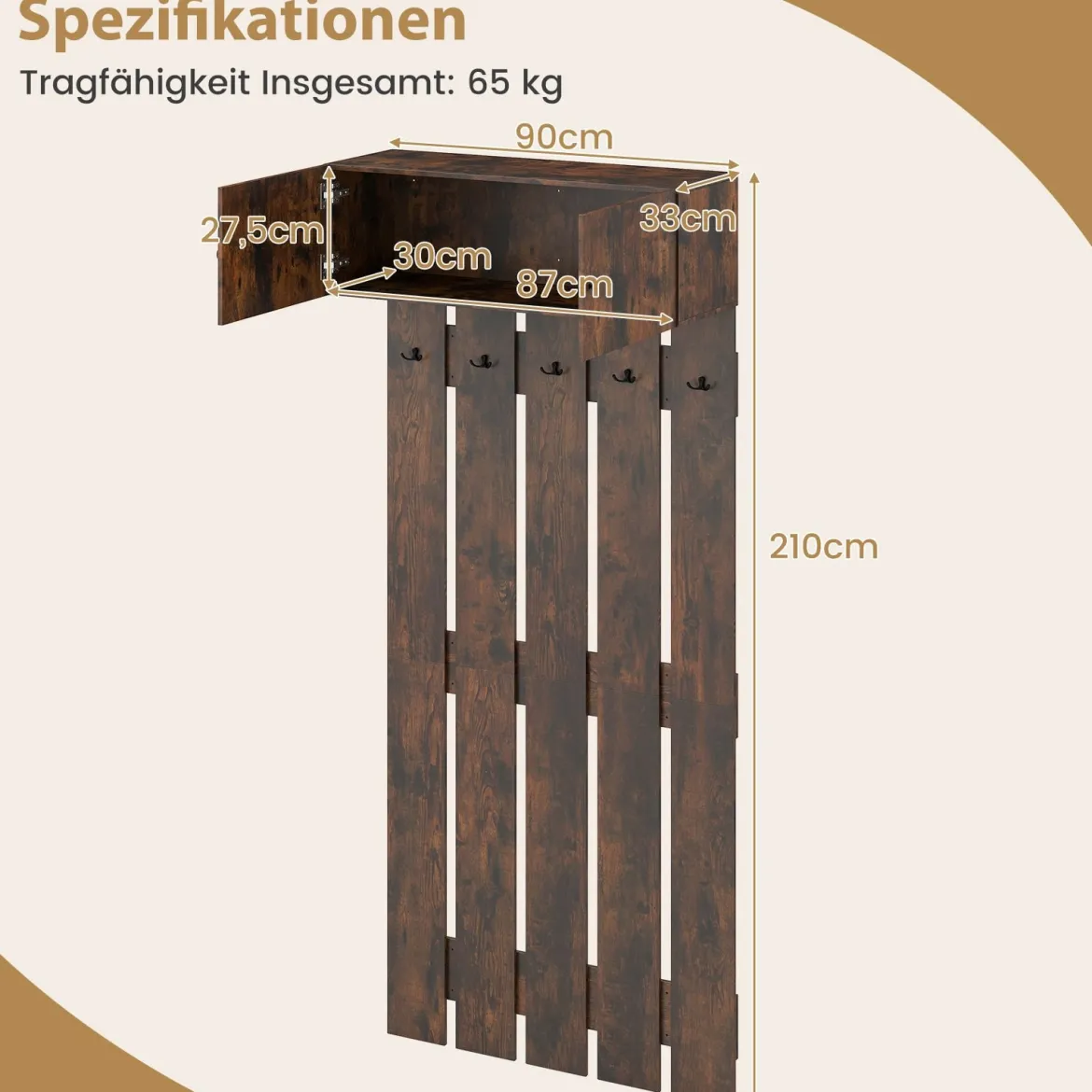 Wandgarderobe mit 5 Doppelhaken & 2-türigem Schrank Wandmontierter Garderobenpaneel Braun