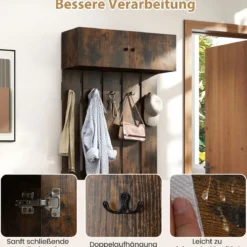 Wandgarderobe mit 5 Doppelhaken & 2-türigem Schrank Wandmontierter Garderobenpaneel Braun