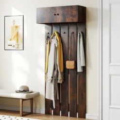 Wandgarderobe mit 5 Doppelhaken & 2-türigem Schrank Wandmontierter Garderobenpaneel Braun