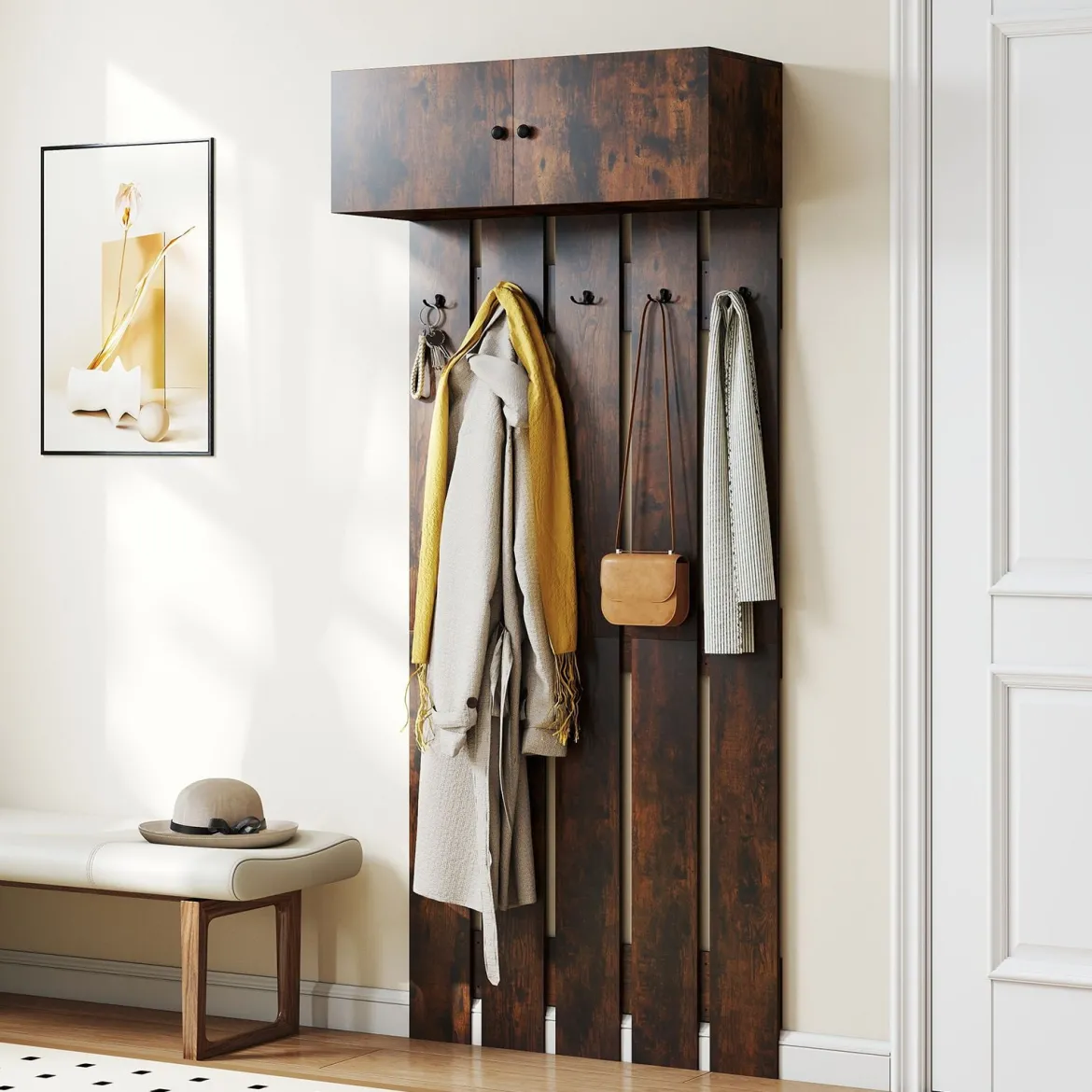 Wandgarderobe mit 5 Doppelhaken & 2-türigem Schrank Wandmontierter Garderobenpaneel Braun